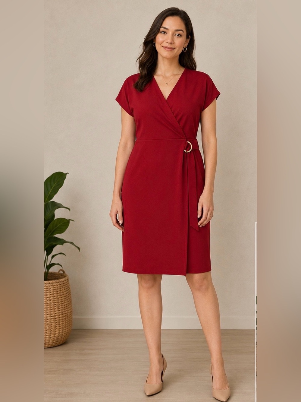 Dorothy Perkins Burgundy Red Faux Wrap Belted Dress – Size US 10
